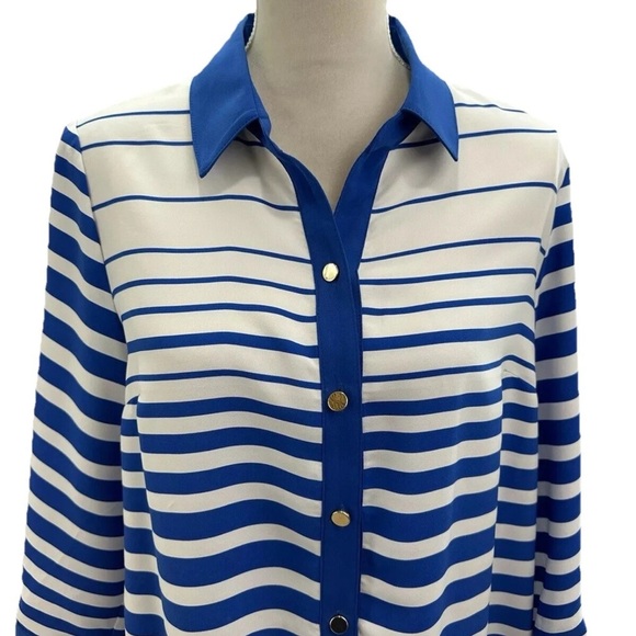 NWOT Susan Graver White Blue Striped Golden Button Shirt Size Small 3/4 Sleeves - Picture 3 of 7
